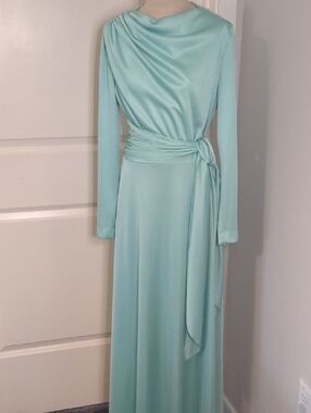 Vintage 1970s Hal Ferman Maxi Dress Elegant Mint Green Long Sleeve SZ S